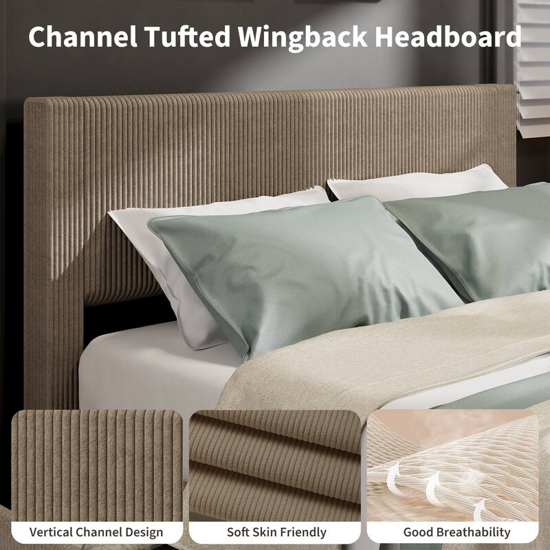 Full Size Bed Frame with 4 Storage Drawers, Platform Full Bed Frame with Upholstered Channel Tufted Wingback Headboard