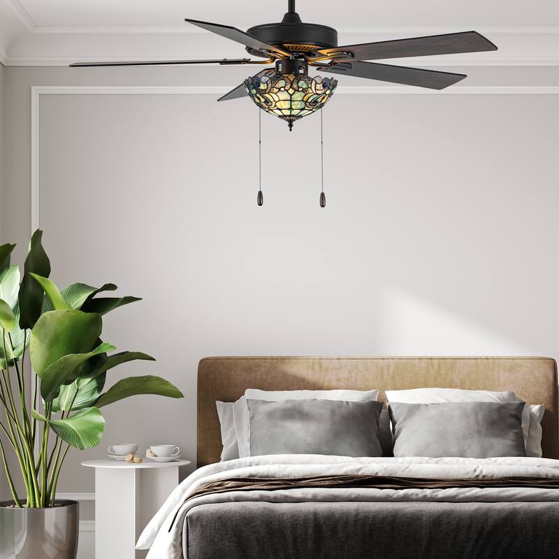 52" W Magna Carta Indoor Tiffany Stained Glass Oil Rubbed Bronze Ceiling Fan with Remote Control