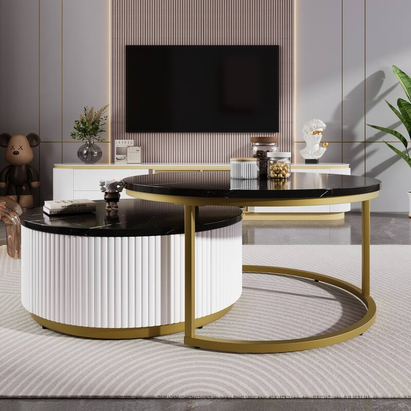 Roomfitters Round Nesting Coffee Table Set, Modern Fluted Accent Center Table with Storage, Marble Top