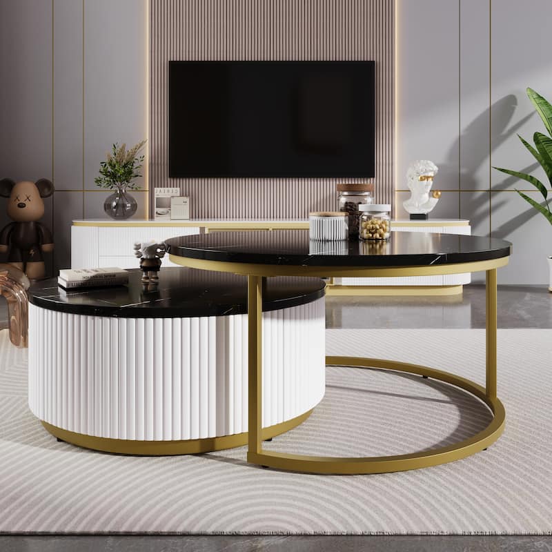 Round Nesting Coffee Table Set, 2-Piece Side Tables with Wooden Tabletop, Fluted Accent Table with Storage Drawer