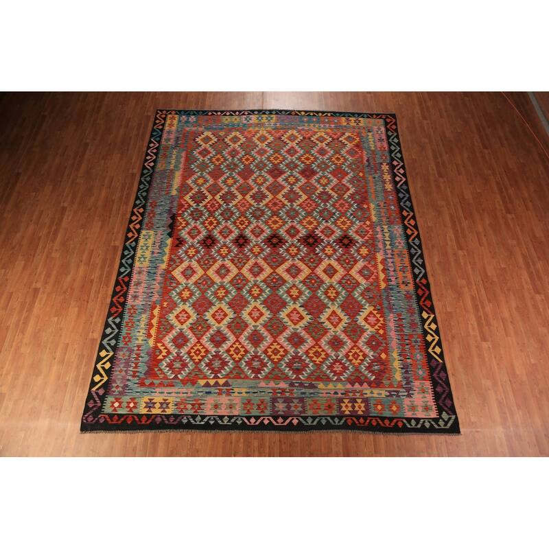Trellis Kilim Oriental Area Rug Hand-Woven Reversible Wool Carpet - 9'11"x 12'8"
