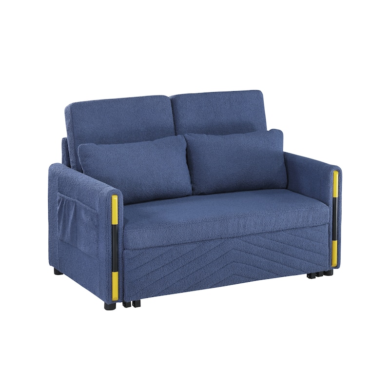 55.5"W Beige Teddy Velvet Sleeper Loveseat With Dual-Pull Sleeper Design
