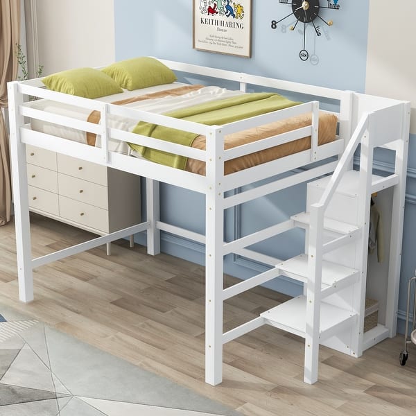 slide 2 of 14, Full Size Loft Bed with Built-in Storage Wardrobe and Staircase White