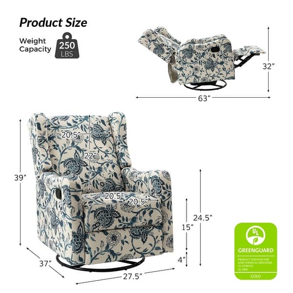 dimension image slide 2 of 7, Gastone Transitional Floral Fabric Nursery Recliner with Curved Arms by HULALA HOME(Set of 2)