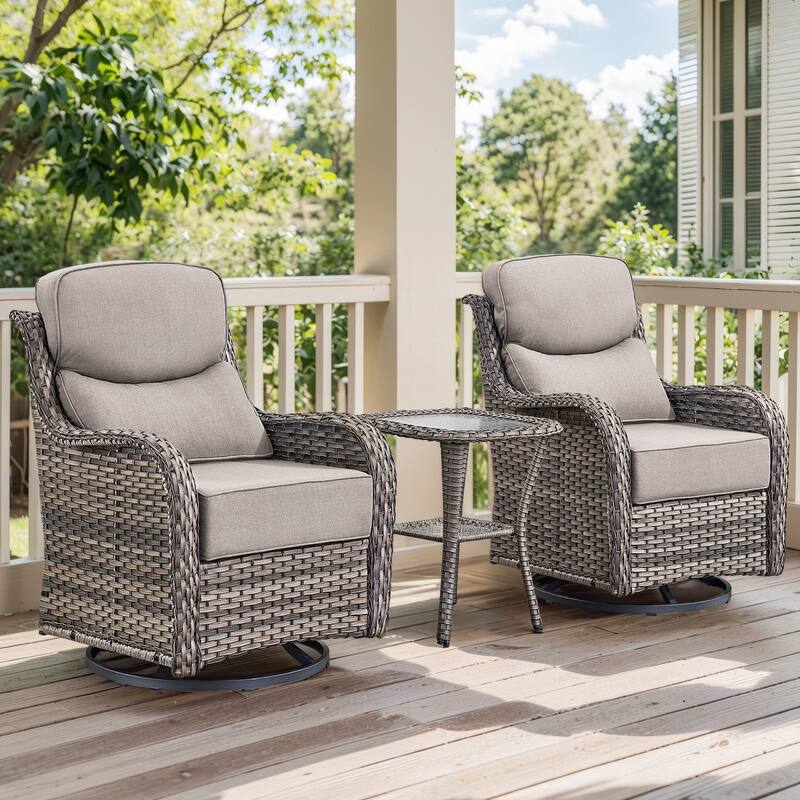 Outdoor Swivel Glider Rattan Chair Set - 3PCS Swivel Chair with Side Table - Grey Rattan - Grey Cushion