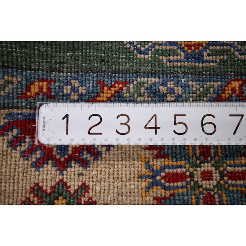 Oriental Green Geometric Kazak Area Rug Handmade Wool Carpet - 4'0" x 5'9"