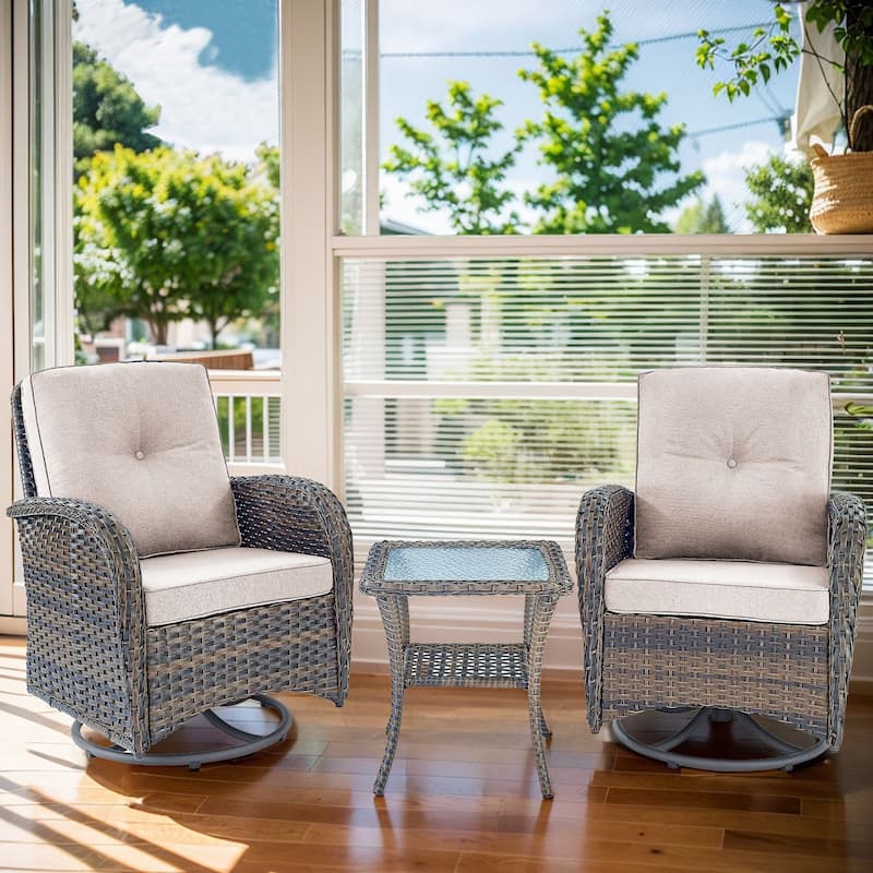 Pocassy Outdoor Wicker Patio Chairs Set - Brown Wicker Beige Cushion - 2PCS Swivel Chairs w/ 1PC Side Table