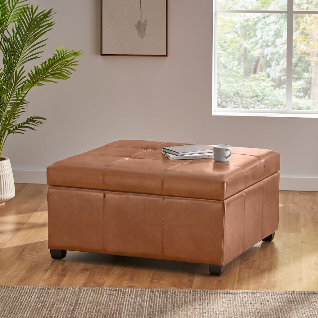 Faux Leather Tufted Storage Ottoman - Tan Multi-Functional Home Piece