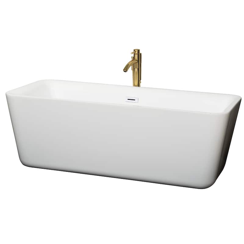 Wyndham Collection Emily 69-inch White Freestanding Soaking Bathtub - White, Shiny White Trim & Brushed Gold Faucet