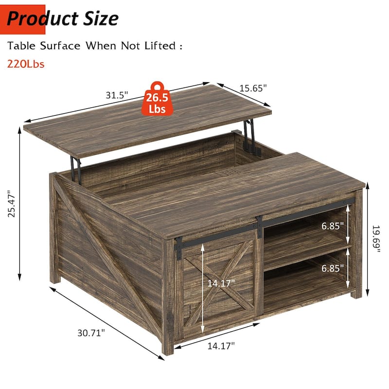 BOSSIN 31.5" Square Farmhouse Lift-Top Coffee Table - Wooden Living Room Center Table with Hidden Storage