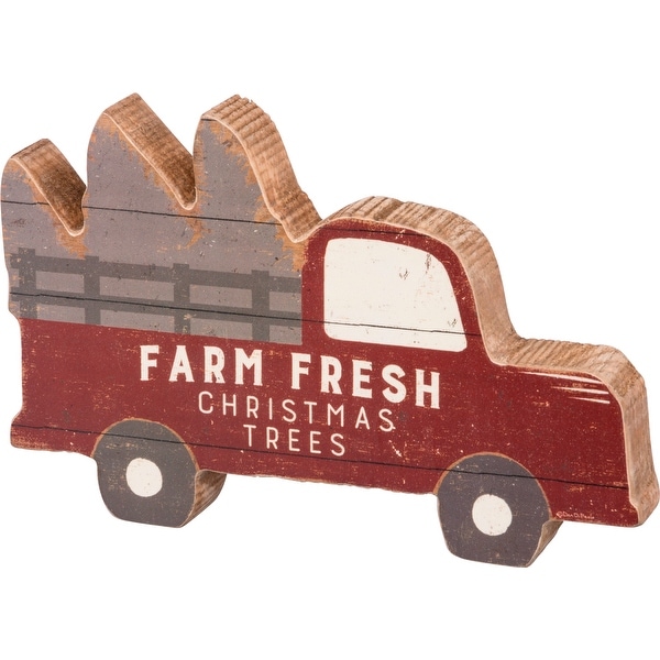 Farm Fresh Christmas Trees Red Pickup Truck Chunky Shelf Sitter Wood