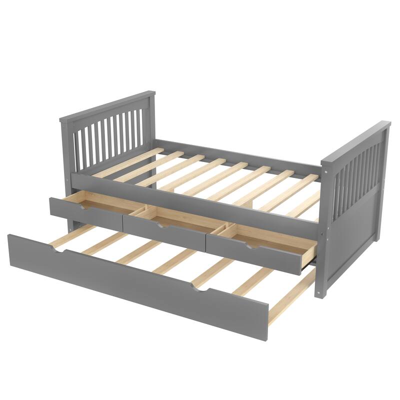 Twin Platform Bed with Drawers and Trundle, Solid Wood Daybed, No Spring Box Needed