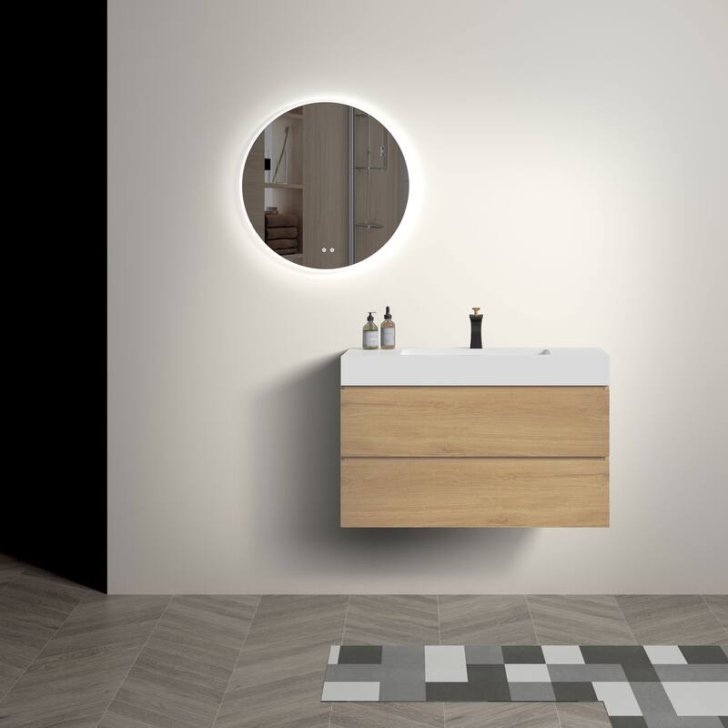 Single Sink Wall-Mounted Bath Vanity in Oak with White Solid Surface Top