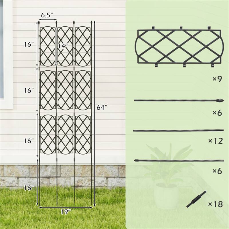 Black Metal Garden Trellis 3 Panels Adjustable 32"-64" Height Climbing Plant Support Frame - 19" x 64"