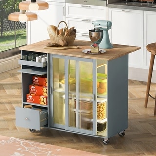 Grey Blue Large Kitchen Island with an Adjustable Shelf & Drawers and ...