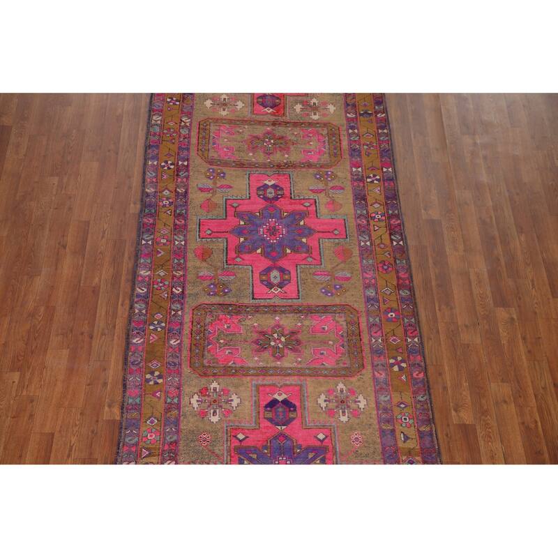 Handmade Ardebil Persian Vintage Runner Rug Geometric Wool Carpet - 3'11" x 10'7"