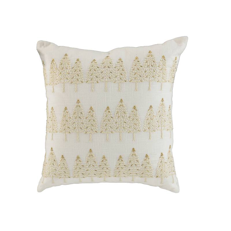 18" Ivory And Gold Cotton Christmas Trees Throw Pillow With Embroidery