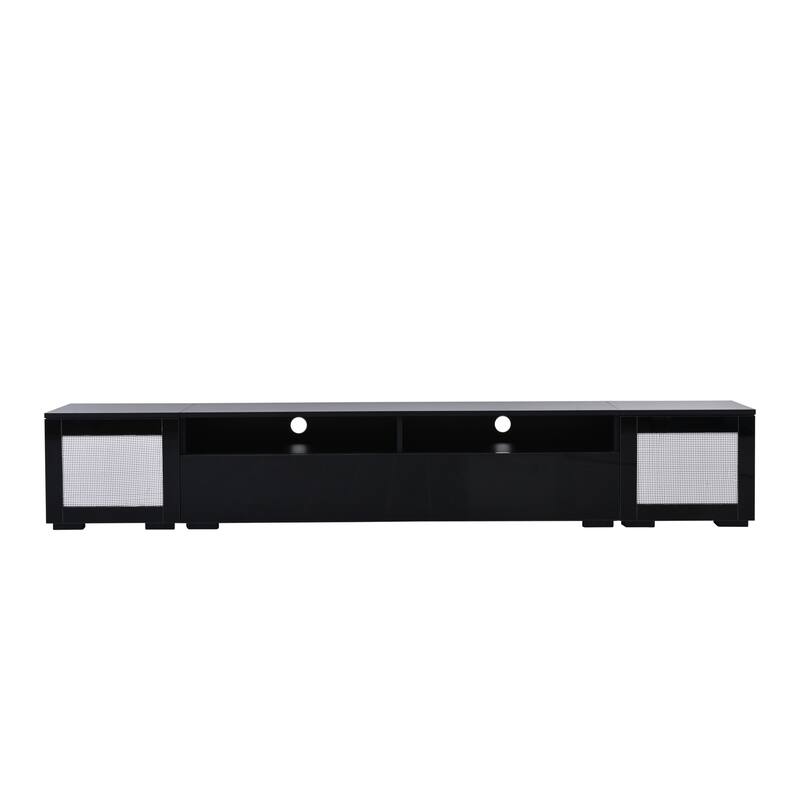3-Piece Extended TV Stand with Color-Changing LED Lights - Rattan Style, Push-to-Open Doors, 82" Entertainment Center