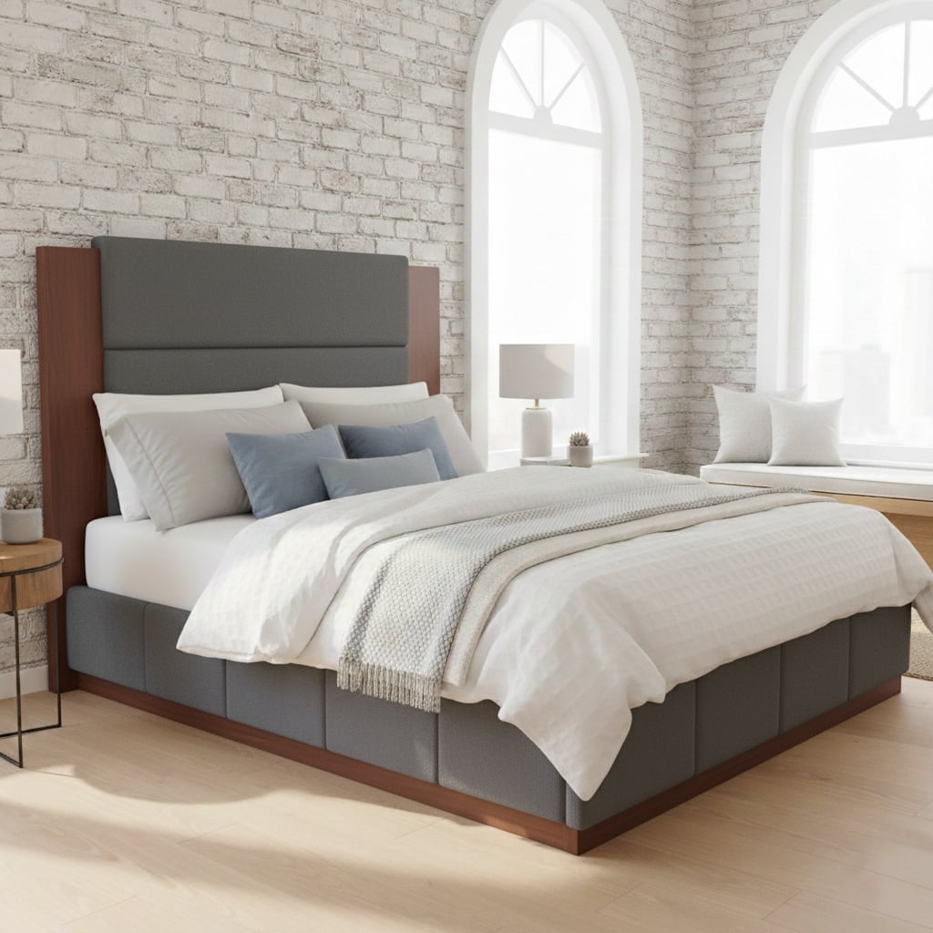 GDFStudio - Velvet Wooden Platform Bed with Extended Headboard
