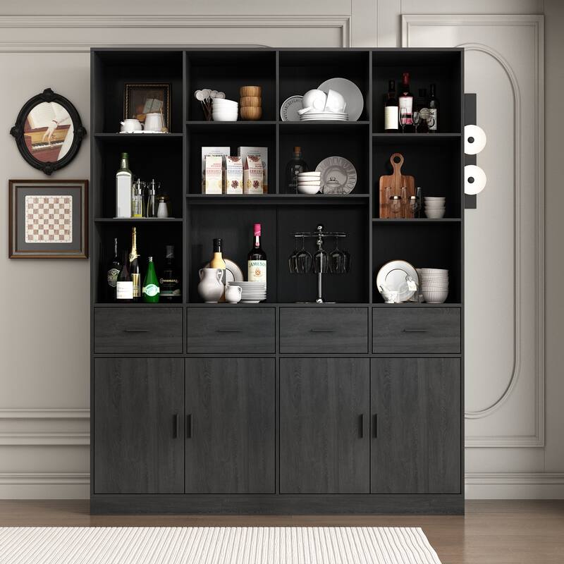 Black Freestanding Kitchen Pantry, Buffet Cabinet with Shelves & Doors - 78.7"H x 63"W