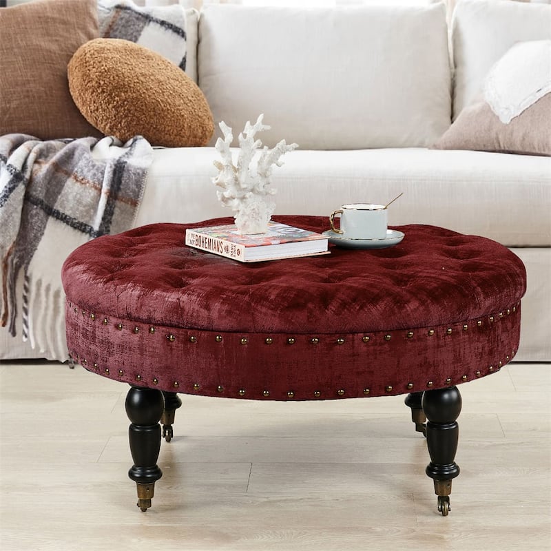Round Velvet Tufted Coffee Table Ottoman, 34" x 34" x 17" H