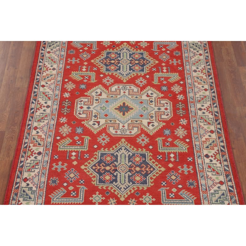 Geometric Kazak Accent Rug Handmade Wool Carpet - 4'2" x 5'9"