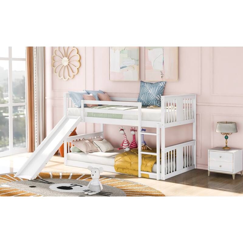Twin over Twin Size Solid Wood Bunk Bed with Ladder, Slide and Fence for Kids, Bedroom