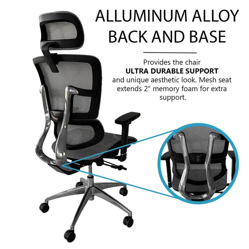 ErgoMax 53 in Tall Black Ergonomic Adjustable Office Chair w/ Aluminum Back and Base, Home Office Ergonomic Chair