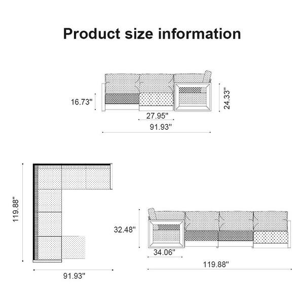 dimension image slide 5 of 10, PURPLE LEAF Caesar U-Shaped Khaki Outdoor Couch with 9.6" Thick for Yard Porch Deck Patio Conversation Sets