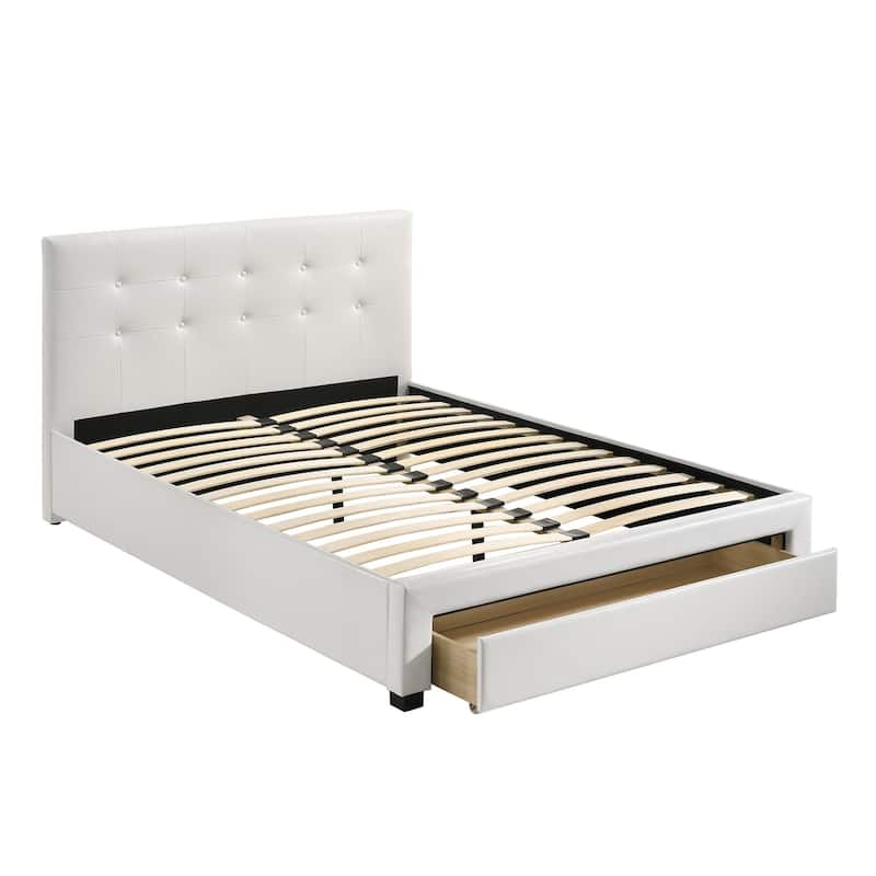 Queen Size White Upholstered Bed with Faux Leather Headboard and Under Bed Storage