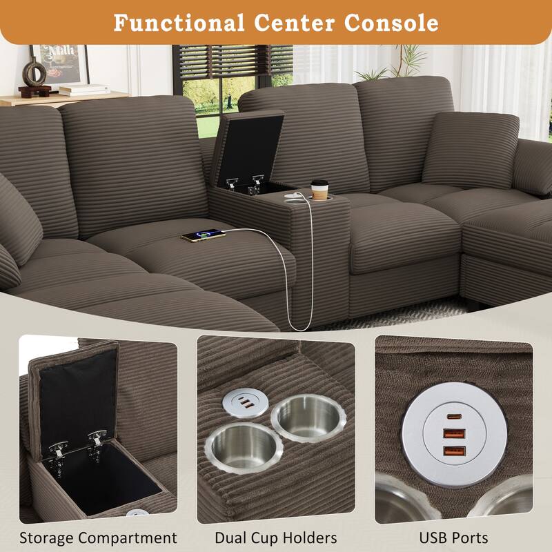 U-Shaped Corduroy Sectional with Hidden Storage, Center Console & USB Ports by Harper&Bright Designs