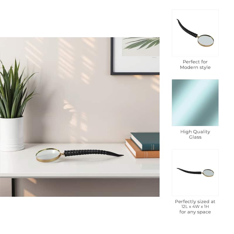 Glass Buffalo Horn Magnifying Glass Sculpted Handle Decor - 1" Black - 12" x 4" x 1"