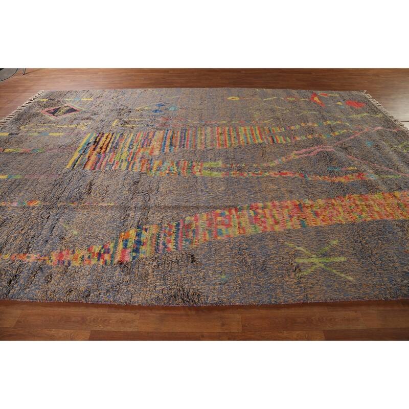 Brown & Blue Moroccan Abstract Area Rug Handmade Wool Carpet - 8'10"x 12'9"