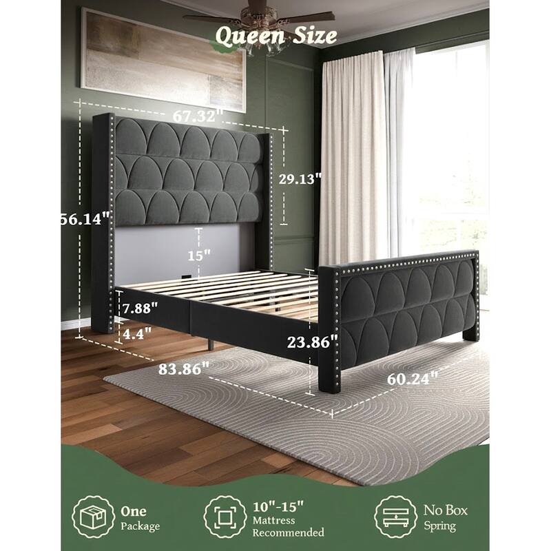 Hansabenne Solid Wood Bed Frame Queen and King Platform Bed Frame with Headboard White and Gray