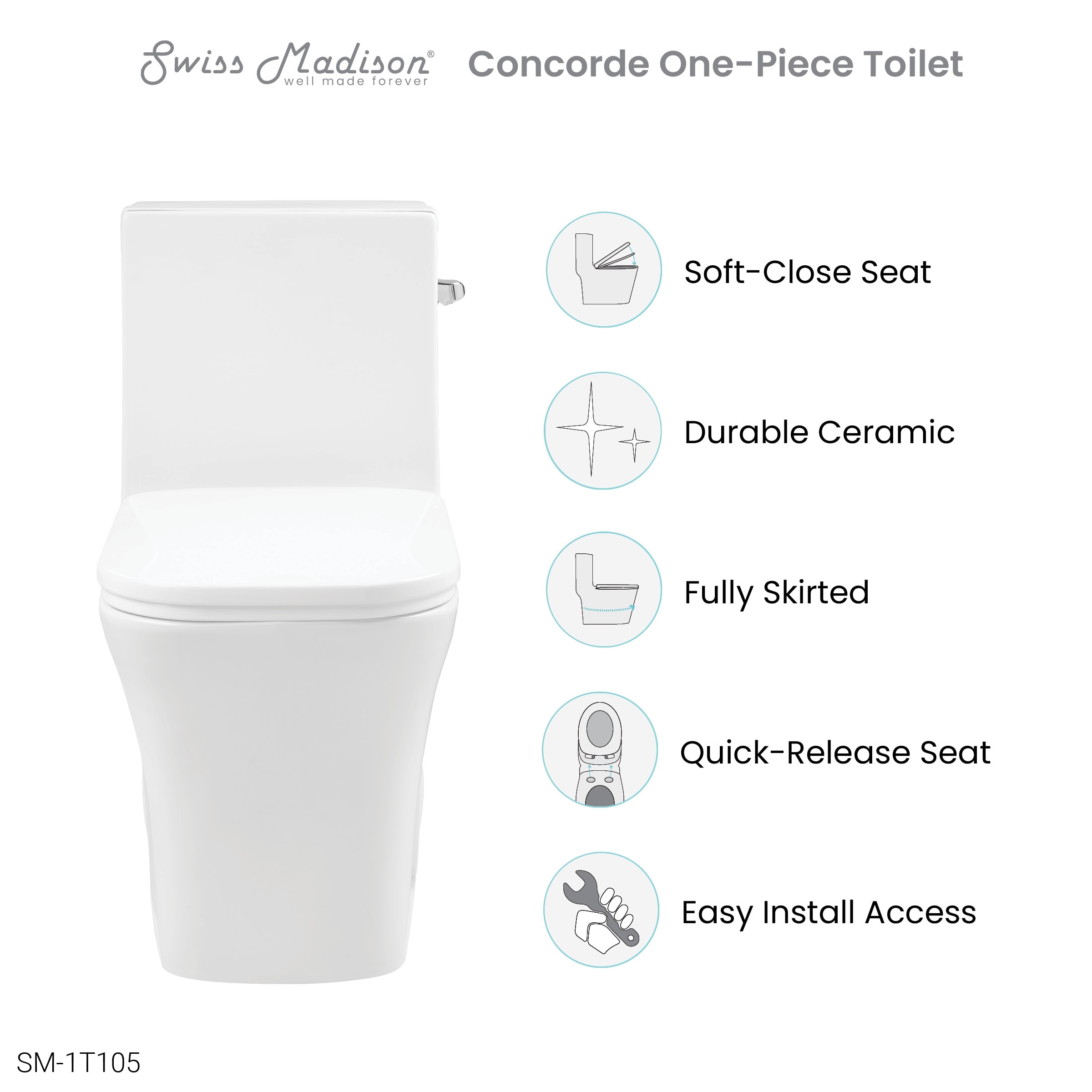 Concorde One Piece Square Right Side Flush Handle Toilet 1.28 gpf