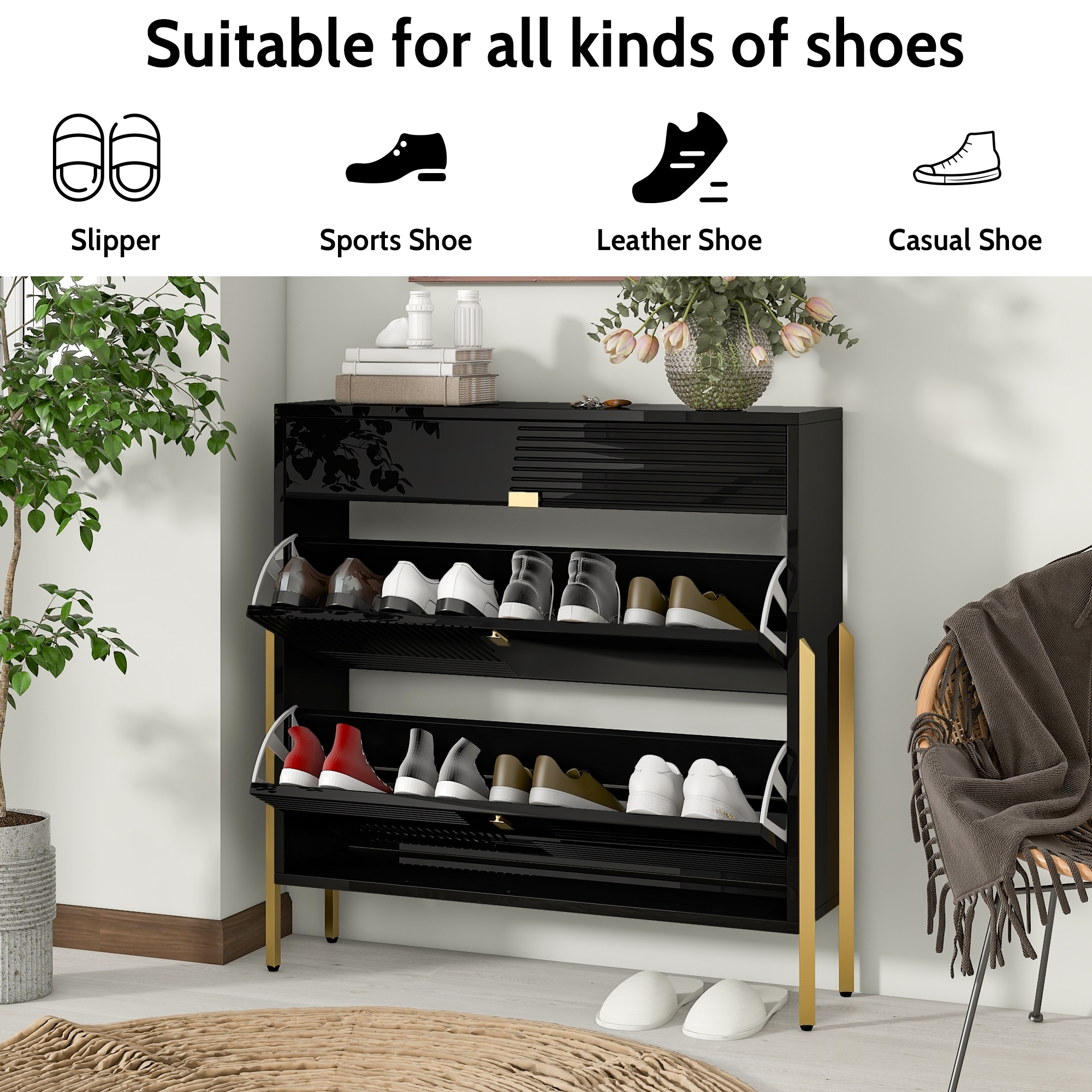 Shoe Cabinet with Metal Legs, Free Standing Shoe Storage Shelve with 2 Flip  Drawers, Storage Shelf and Storage Drawer, Modern Shoe Rack Storage