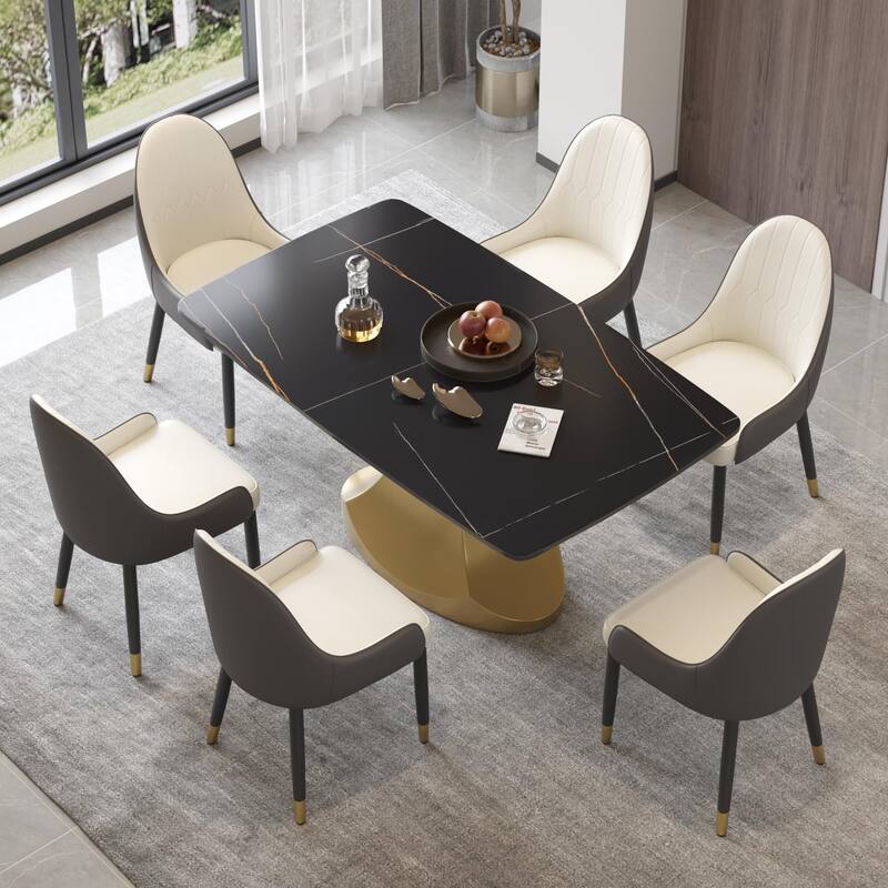 Dining Table for 6~8 Person, Faux Marble Kitchen Dining Table with Gold Pedestal. - 63" - Black
