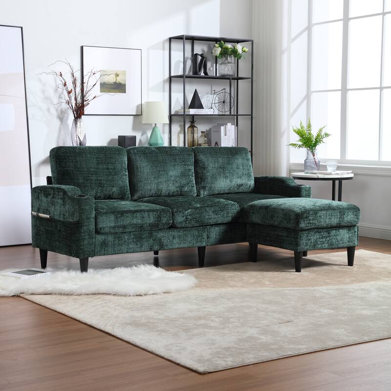 Modular Sectional Sofa with Storage Ottoman, Comfy Chenille Fabric Sofa, 3-Seater Sofa with Side Pockets & 2 Cup Holders