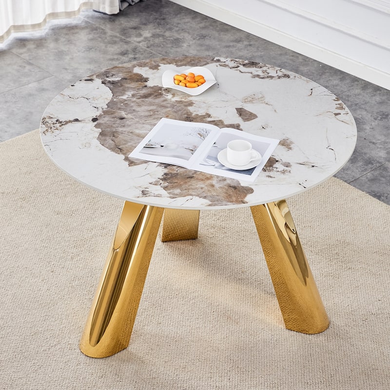 A 42-Inch Round Table with Stainless Steel Legs and a Marble Top, Perfect for 4 to 6 People. - Gold+White