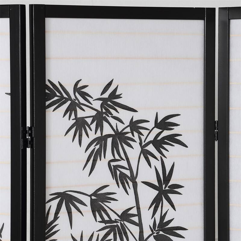 Bamboo Print 4-Panel Framed Room Screen/Divider, Black/White