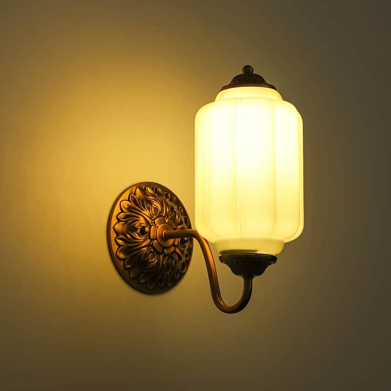 1-Light Vintage Aged Antique Brass Finish Lantern Shaped Wall Light with Milk/Green Glass for Bedroom, Hallways
