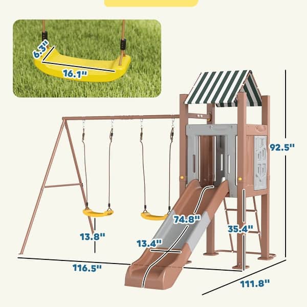 Qaba Kids Swing Set for Backyard, Playground Set with 6 FT Slide, 2 Adjustable Swings, Fort with Canopy, Ground Stakes, Brown