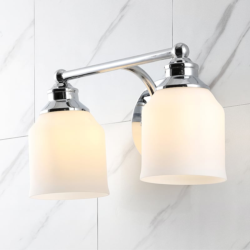 Jayne Iron/Frosted Glass Farmhouse Cottage LED Vanity Light, by JONATHAN Y - 2-Light