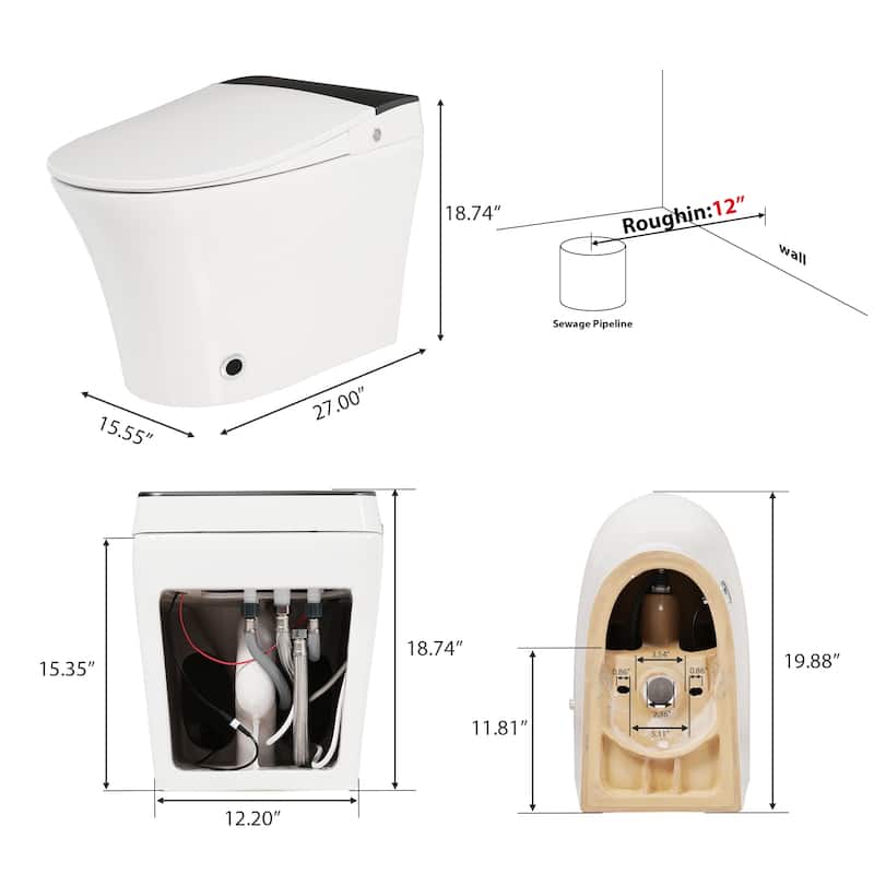 Heated Seat Smart Toilet, One Piece Toilet, Automatic Flush Tankless Toilet without Bidet, with Foot sensor Flush - White+gray