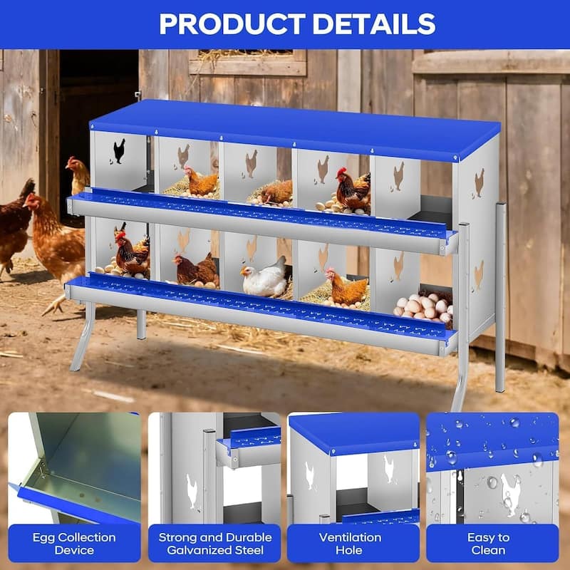 10 Compartment Nesting Box, Chicken Laying Box, with Bracket Legs, Easy to Clean and Install