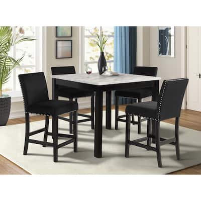 5pc Counter Height Dining Set Square Faux Marble Table Velvet Upholstered Tufted Nail Head Chairs Wooden Leg