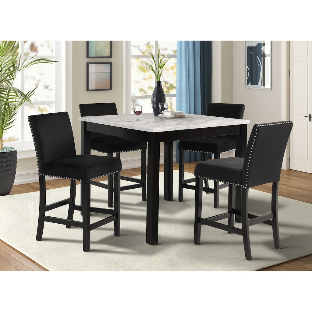 Counter Height Table and Chair Set, 5 Pcs Kitchen Table Set, Faux Marble Top Square Table and 4 Velvet Upholstered Chairs