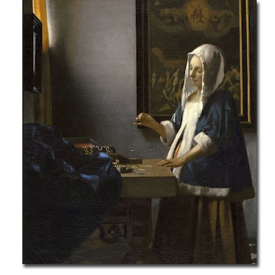 Woman Holding a Balance by Johannes Vermeer Gallery Wrapped Canvas Giclee Art (27 in x 24 in)