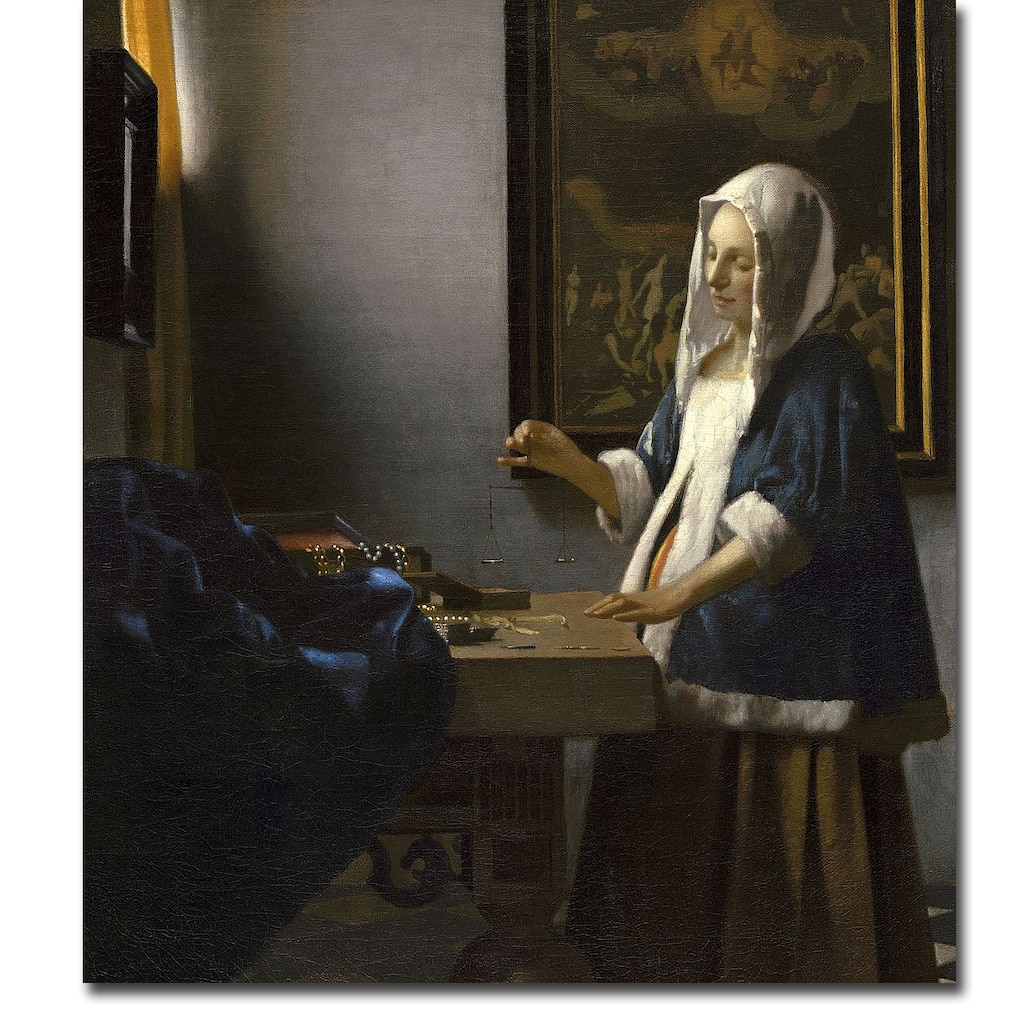 Woman Holding a Balance by Johannes Vermeer Gallery Wrapped Canvas Giclee Art (27 in x 24 in)