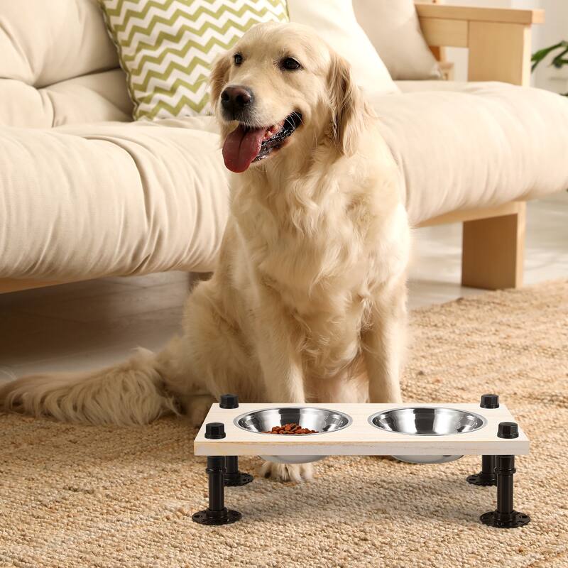 Solid Wood Elevated Dog Feeder with Industrial Metal Legs - White - White
